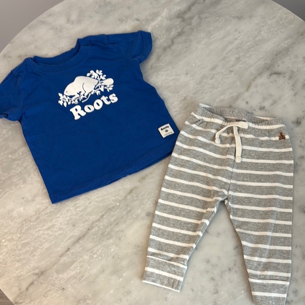 Roots Blue T-Shirt and Gray Striped Pants Set